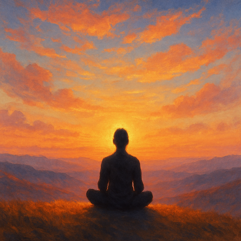 A person meditating peacefully at sunrise